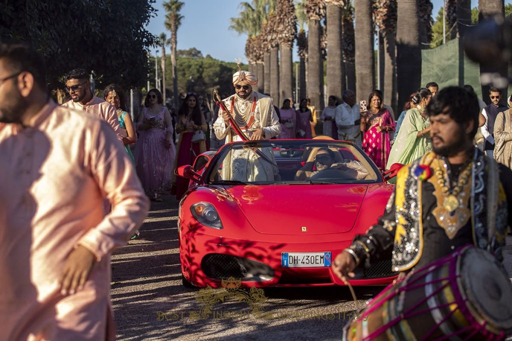 indian groom ferrari baraat 1024x683 - Outdoor Sikh wedding ceremony in Italy