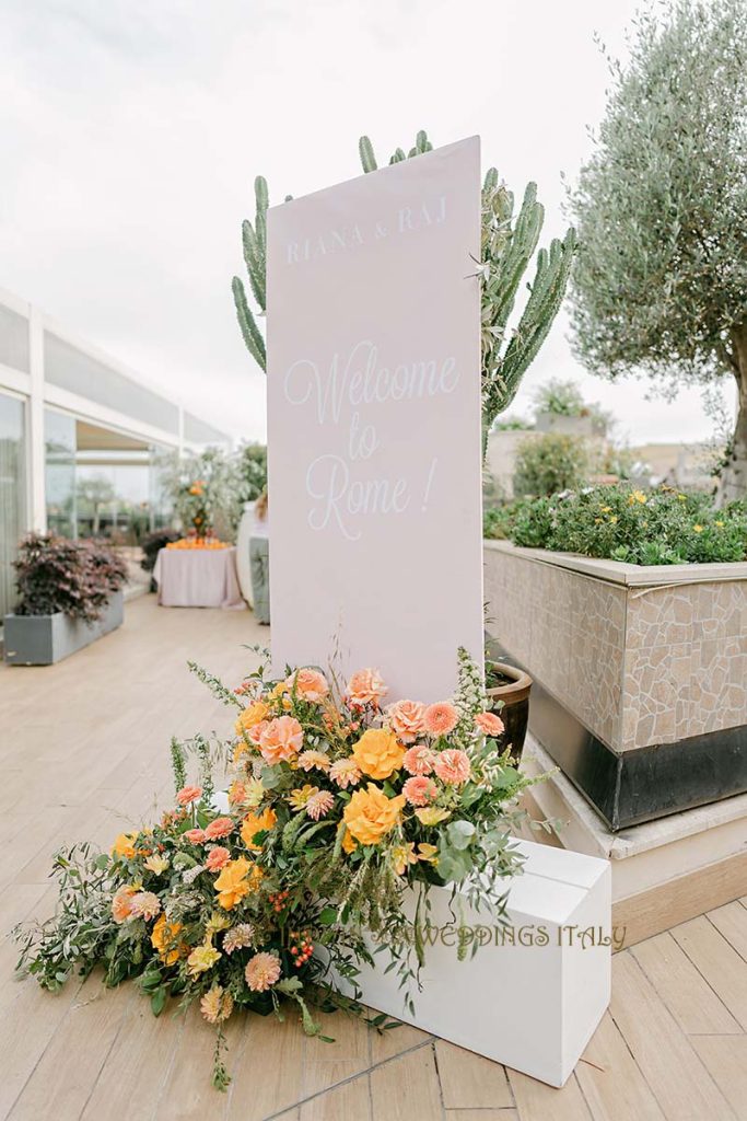 orange theme welcome board 683x1024 - Exclusive Sikh Pre-Wedding Celebrations in Rome: A Luxurious Multi-Venue Experience