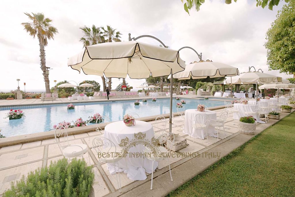 pool side umbrellas garden party 1024x683 - Exclusive Sikh Pre-Wedding Celebrations in Rome: A Luxurious Multi-Venue Experience