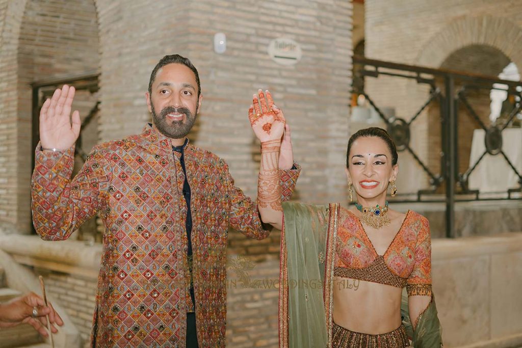 sikh bride and groom in bronze wedding outfits 1024x683 - Exclusive Sikh Pre-Wedding Celebrations in Rome: A Luxurious Multi-Venue Experience