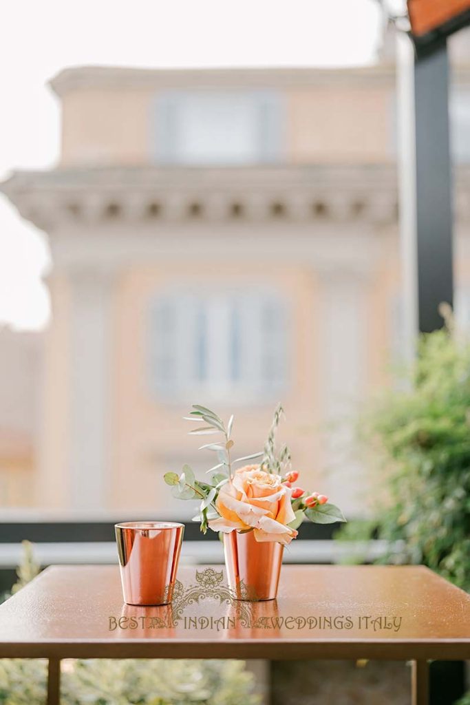 small floral composition for high tables 683x1024 - Exclusive Sikh Pre-Wedding Celebrations in Rome: A Luxurious Multi-Venue Experience