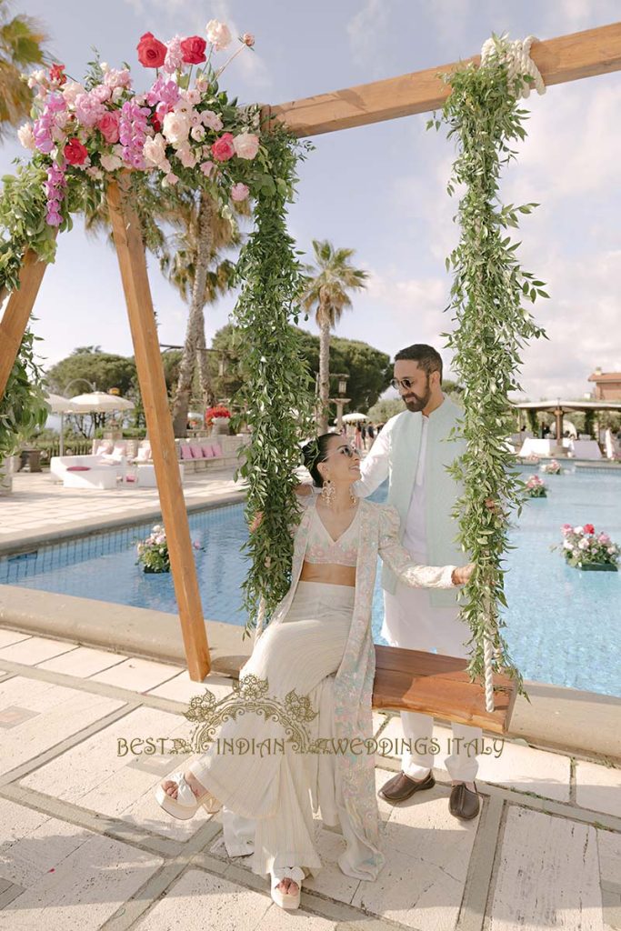 swing photo corner garden party italy 683x1024 - Exclusive Sikh Pre-Wedding Celebrations in Rome: A Luxurious Multi-Venue Experience