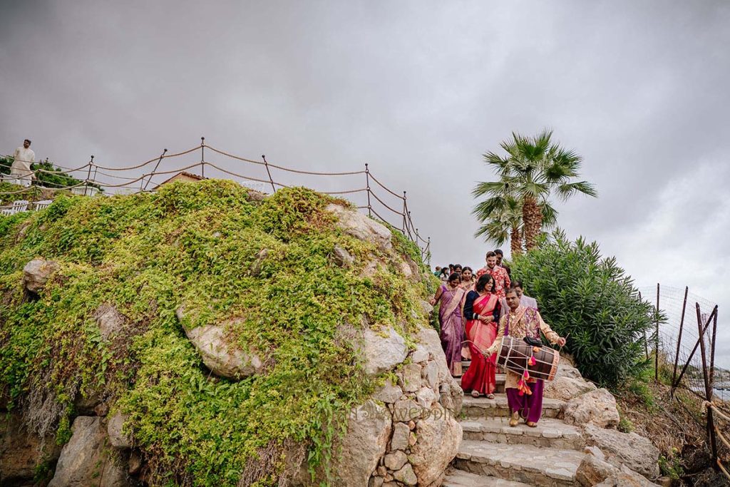 baraat entrance with dhol 1024x683 - A Cross-Cultural Fairytale in Sicily: A South-Indian Wedding Celebration Overlooking the Sea
