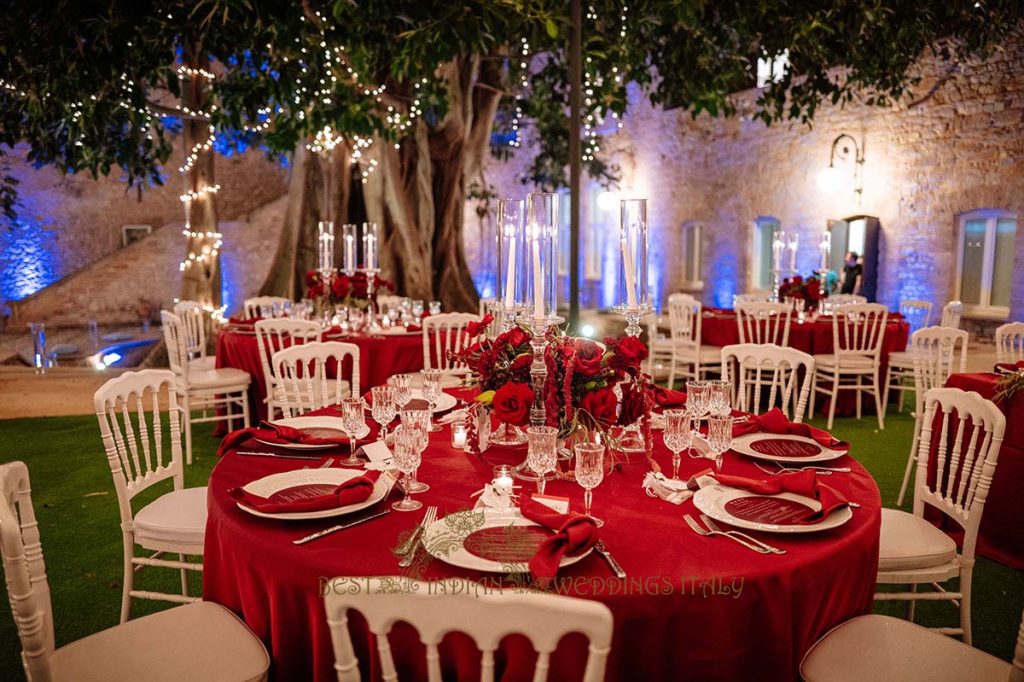 deep red decor theme wedding italy 1024x682 - A Cross-Cultural Fairytale in Sicily: A South-Indian Wedding Celebration Overlooking the Sea