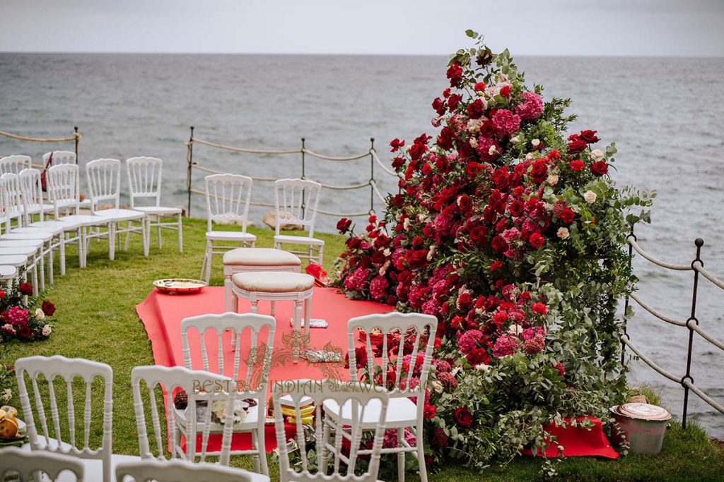 floral backdrop indian wedding mandap 1 1024x683 - A Cross-Cultural Fairytale in Sicily: A South-Indian Wedding Celebration Overlooking the Sea