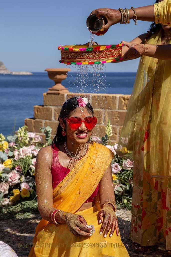 haldi fun indian bride italy 683x1024 - A Cross-Cultural Fairytale in Sicily: A South-Indian Wedding Celebration Overlooking the Sea