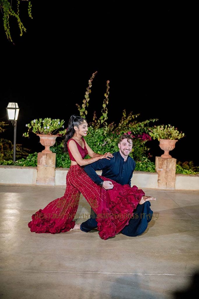 sangeet bride and groom performance 683x1024 - A Cross-Cultural Fairytale in Sicily: A South-Indian Wedding Celebration Overlooking the Sea