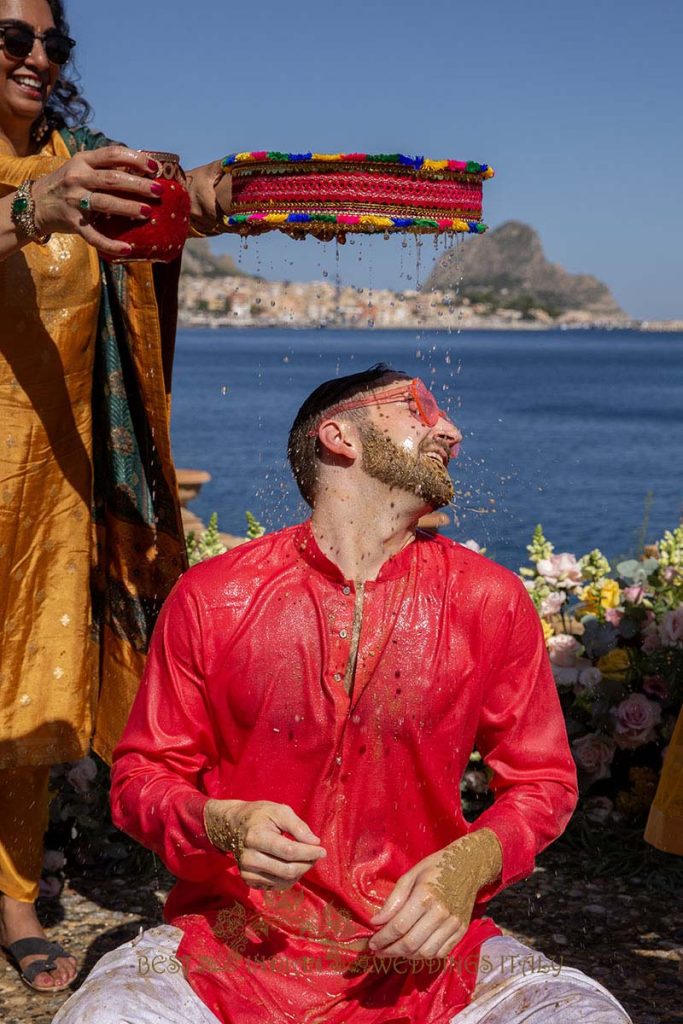 seaside haldi event sicily 683x1024 - A Cross-Cultural Fairytale in Sicily: A South-Indian Wedding Celebration Overlooking the Sea