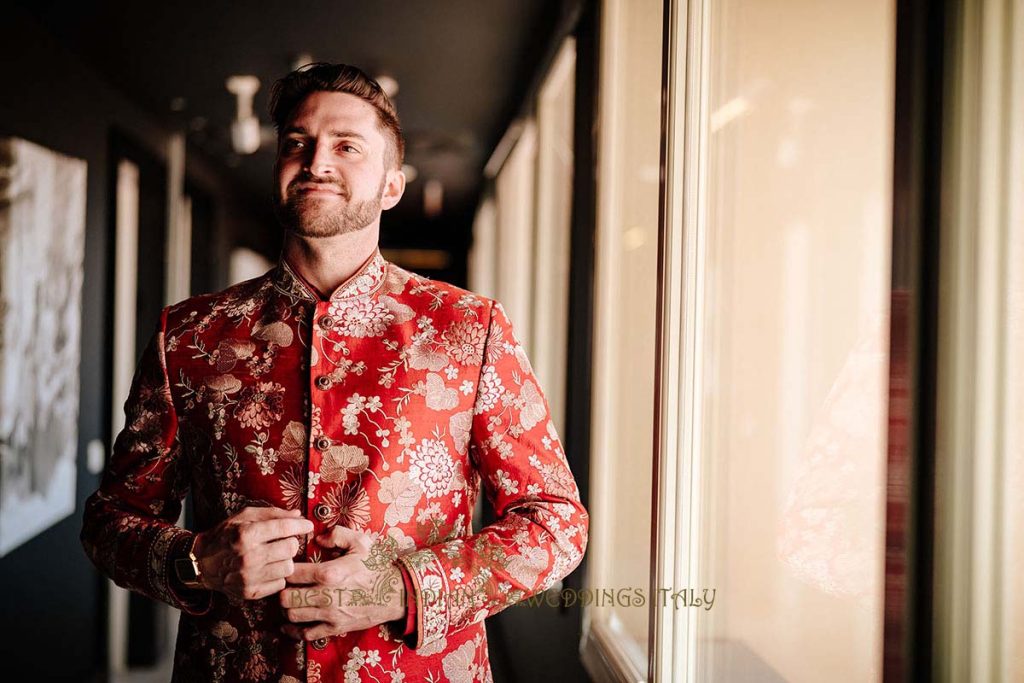 white groom wearing indian shervani 1024x683 - A Cross-Cultural Fairytale in Sicily: A South-Indian Wedding Celebration Overlooking the Sea