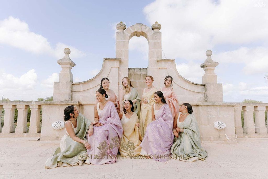 bridesmaids pastel outfits 1024x683 - Enchanting Indian Wedding in Puglia with A Unique Mandap Design