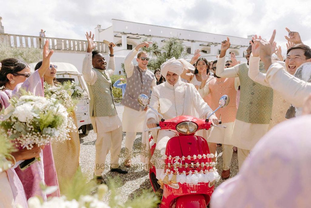 decorated red vespa scouter baraat puglia 1024x683 - Enchanting Indian Wedding in Puglia with A Unique Mandap Design