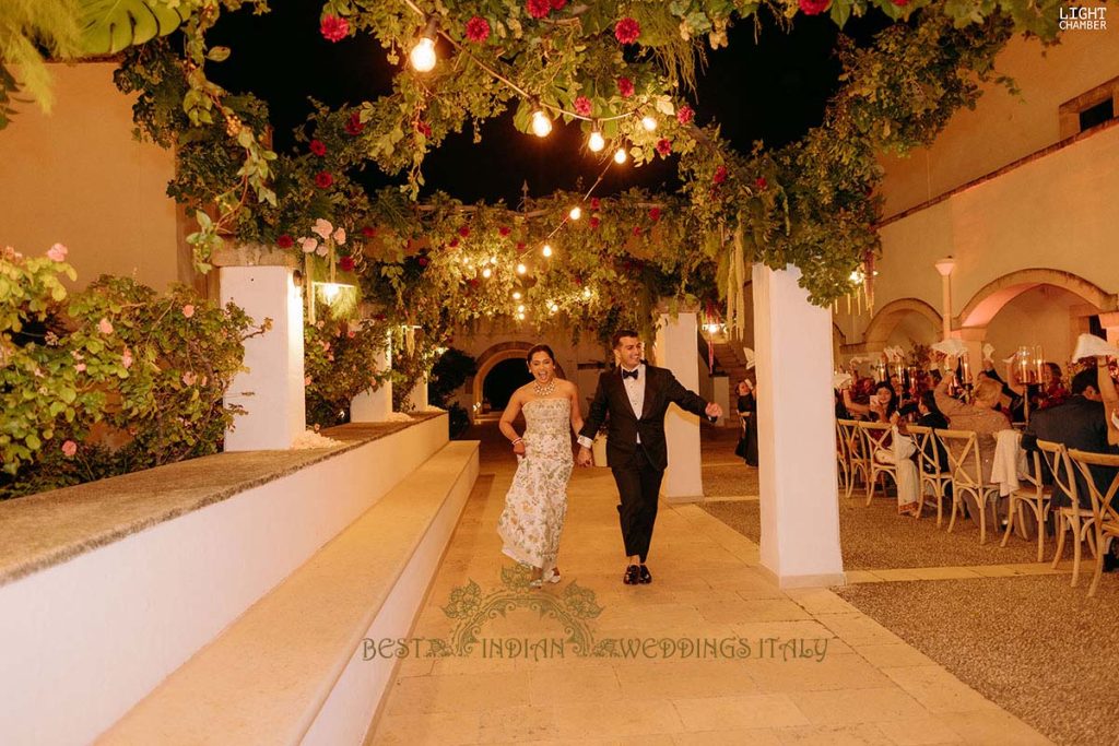 grand entrance indian couple 1024x683 - Enchanting Indian Wedding in Puglia with A Unique Mandap Design