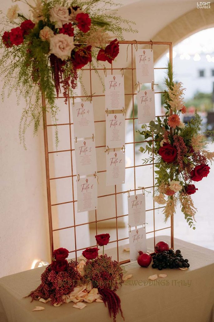seating chart with flowers 683x1024 - Enchanting Indian Wedding in Puglia with A Unique Mandap Design