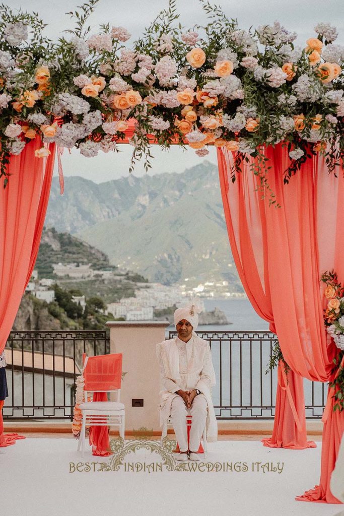 groom mandap 683x1024 - Intimate Micro Wedding on the Amalfi Coast: Pratiksha &amp; Amit's Fairy Tale